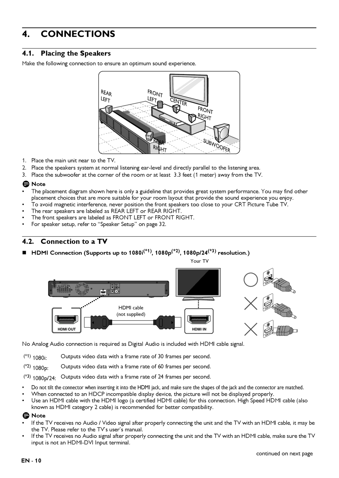 Magnavox MRD430B owner manual Connections, Placing the Speakers, Connection to a TV 