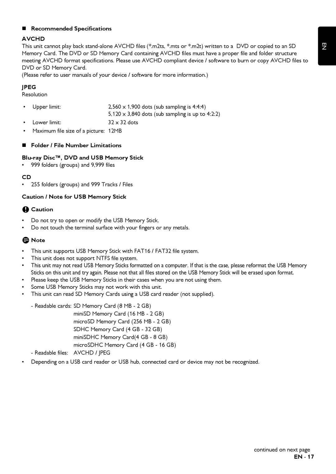 Magnavox MRD430B owner manual „ Recommended Specifications, Avchd, Jpeg 