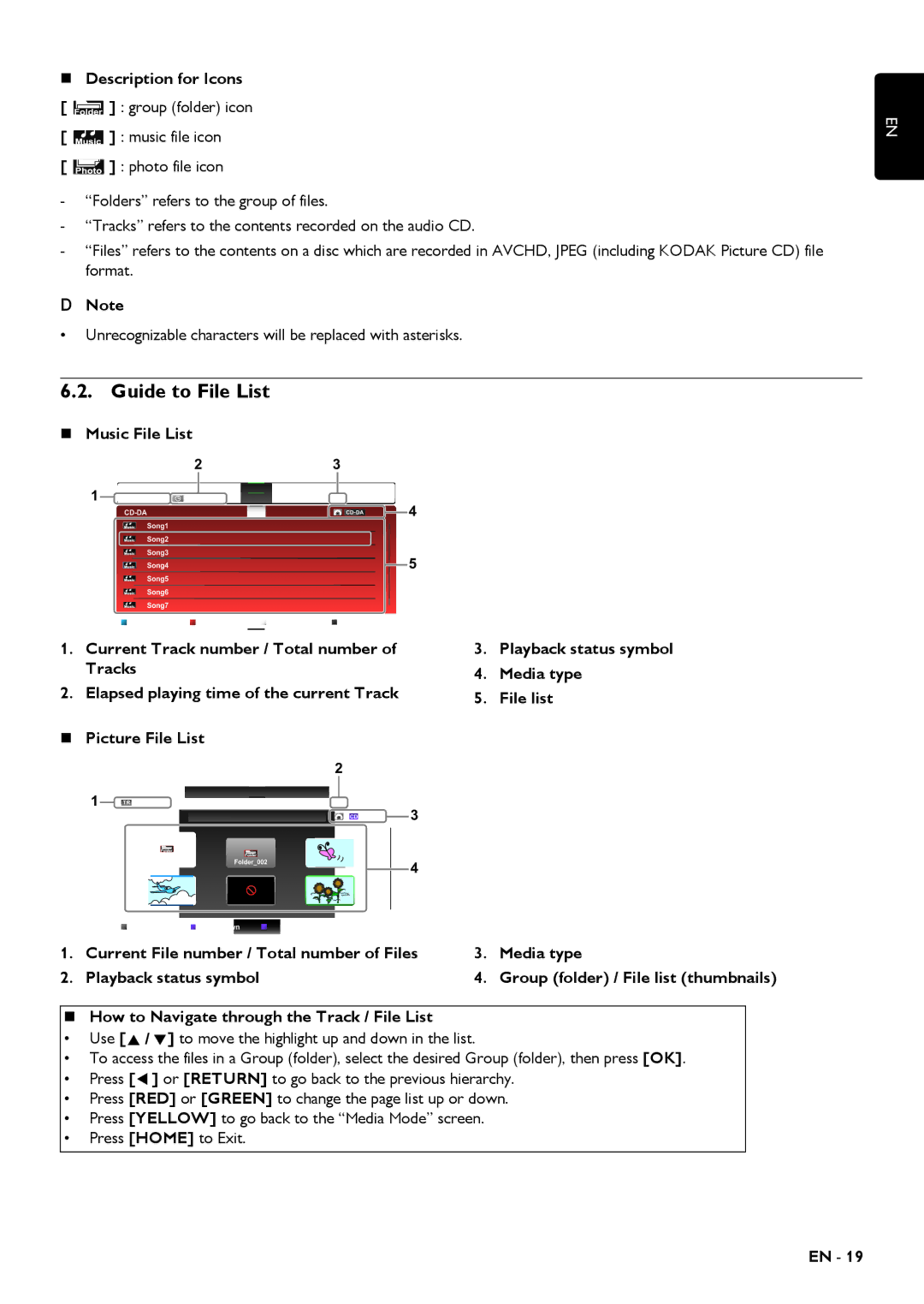 Magnavox MRD430B owner manual Guide to File List, „ Description for Icons, „ Music File List 