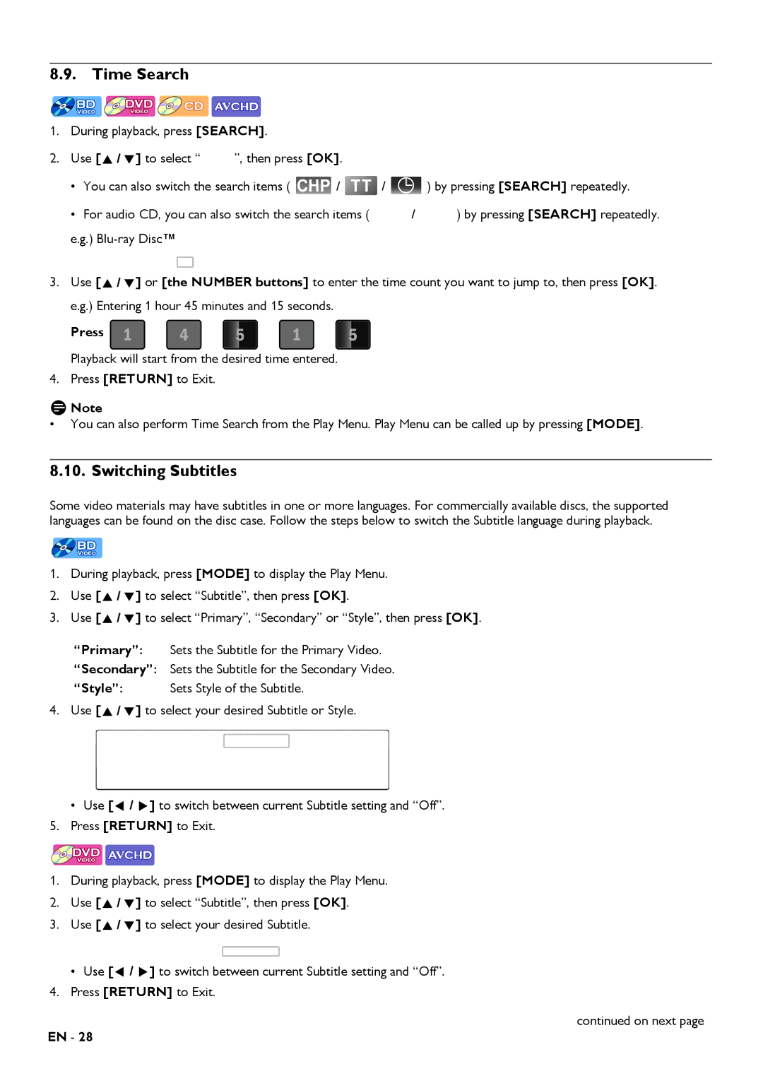 Magnavox MRD430B owner manual Time Search, Switching Subtitles 