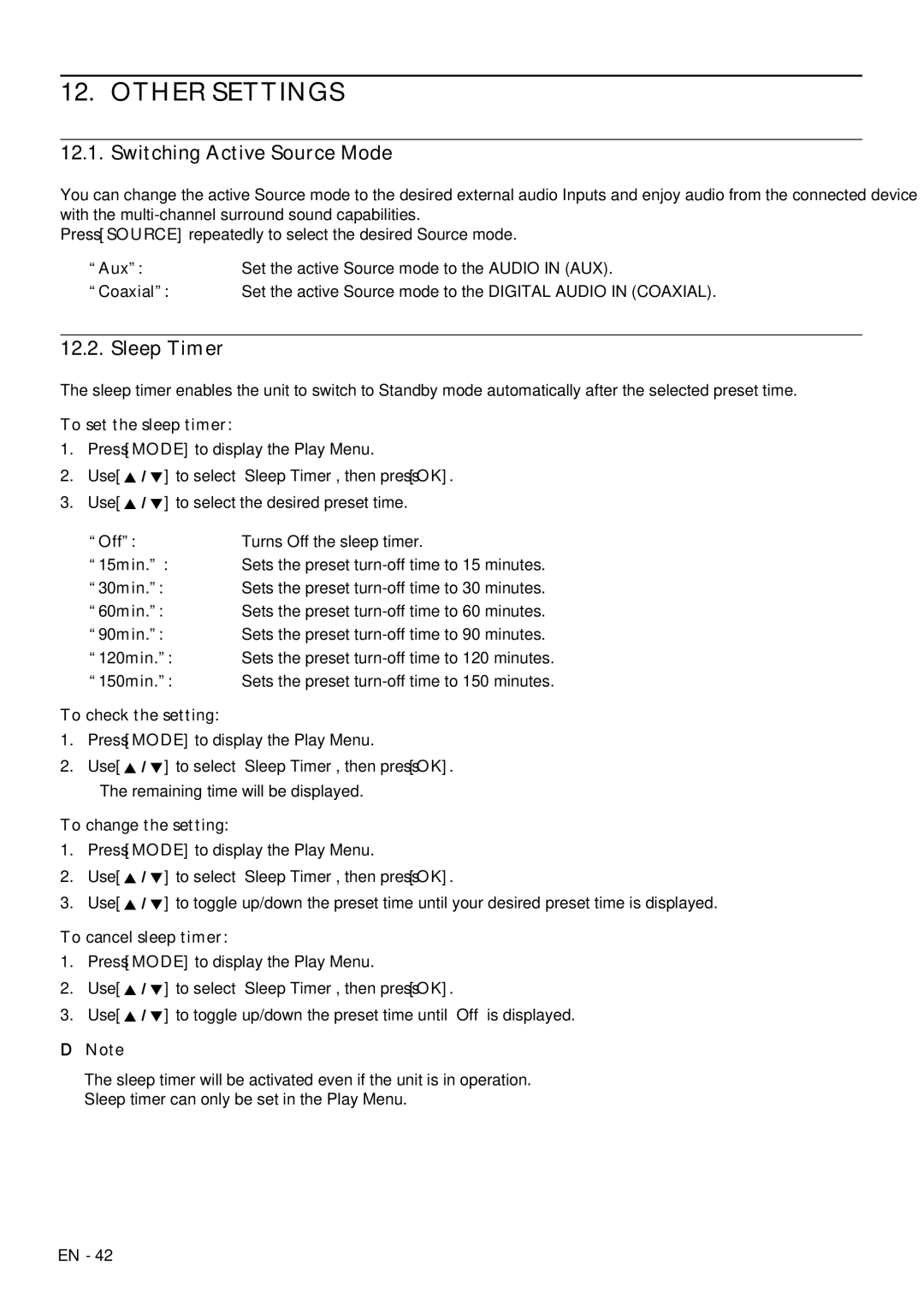 Magnavox MRD430B owner manual Other Settings, Switching Active Source Mode, Sleep Timer 