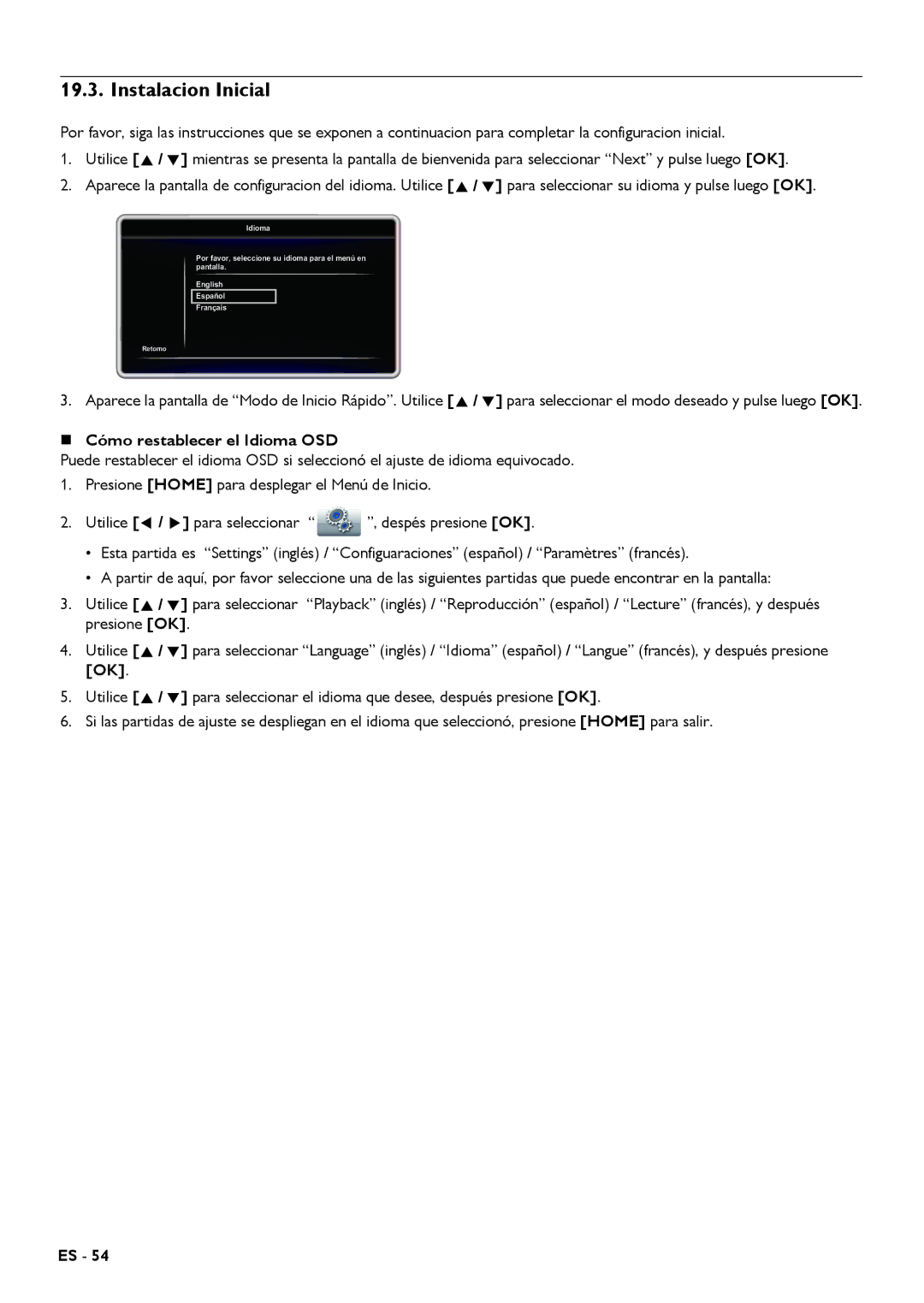 Magnavox MRD430B owner manual Instalacion Inicial, „ Cómo restablecer el Idioma OSD 