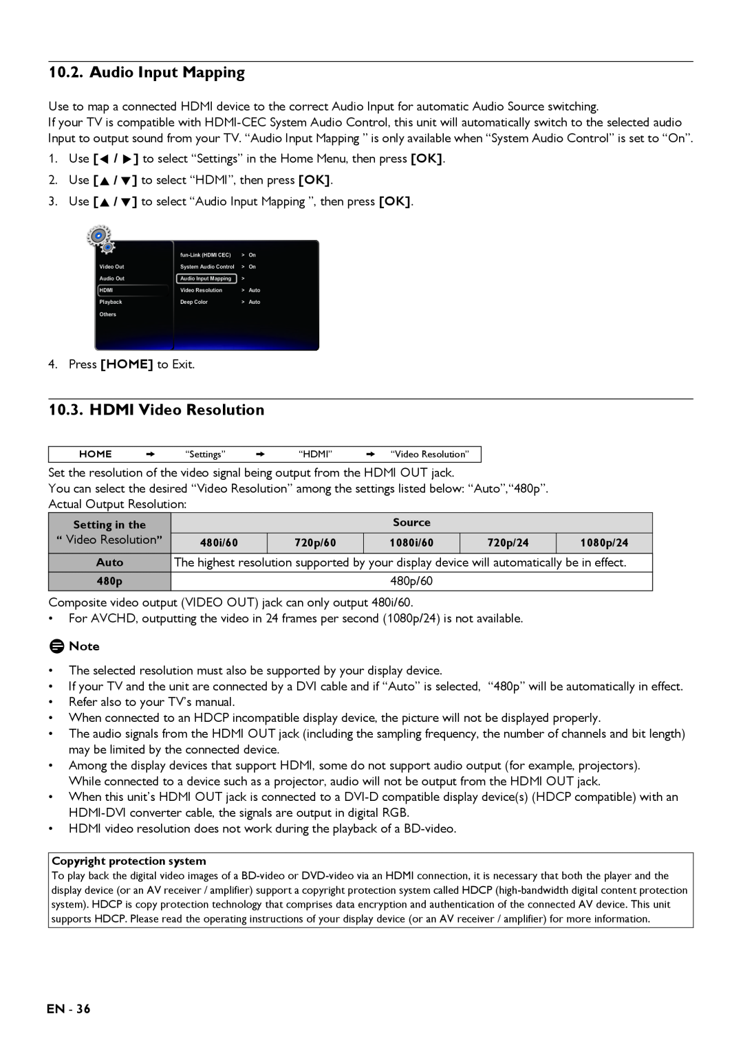 Magnavox MRD430B owner manual Audio Input Mapping, HDMI Video Resolution 