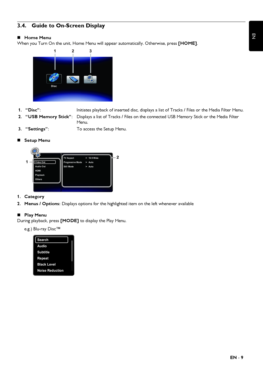 Magnavox MRD430B Guide to On-ScreenDisplay, „Home Menu, 1. “Disc”, 3. “Settings”, „Setup Menu, Category, „Play Menu, En 