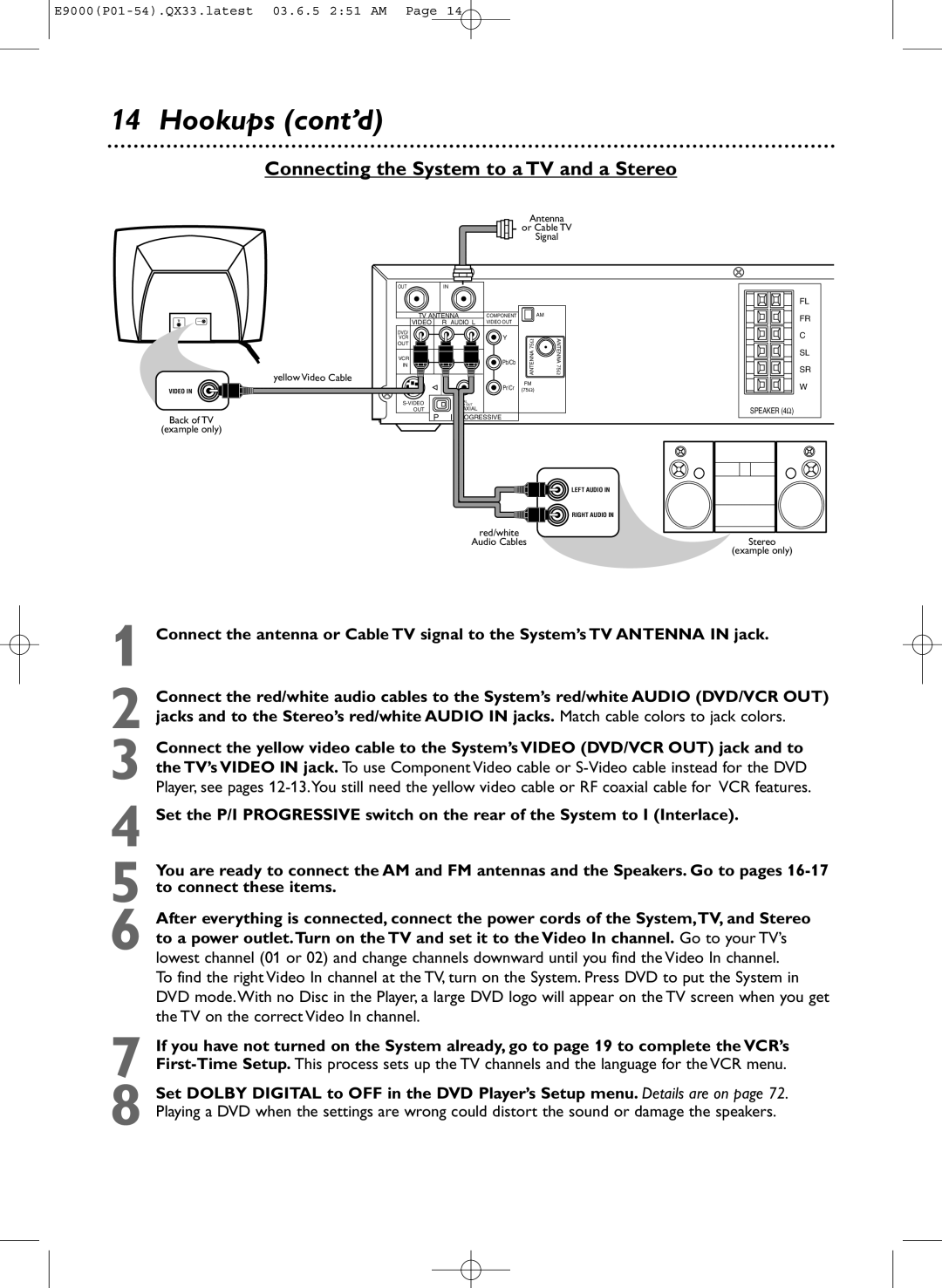 Magnavox MRD500VR owner manual Connecting the System to a TV and a Stereo, Back of TV example only Yellow Video Cable 