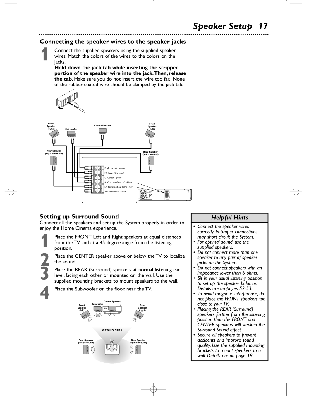 Magnavox MRD500VR owner manual Speaker Setup, Connecting the speaker wires to the speaker jacks, Setting up Surround Sound 