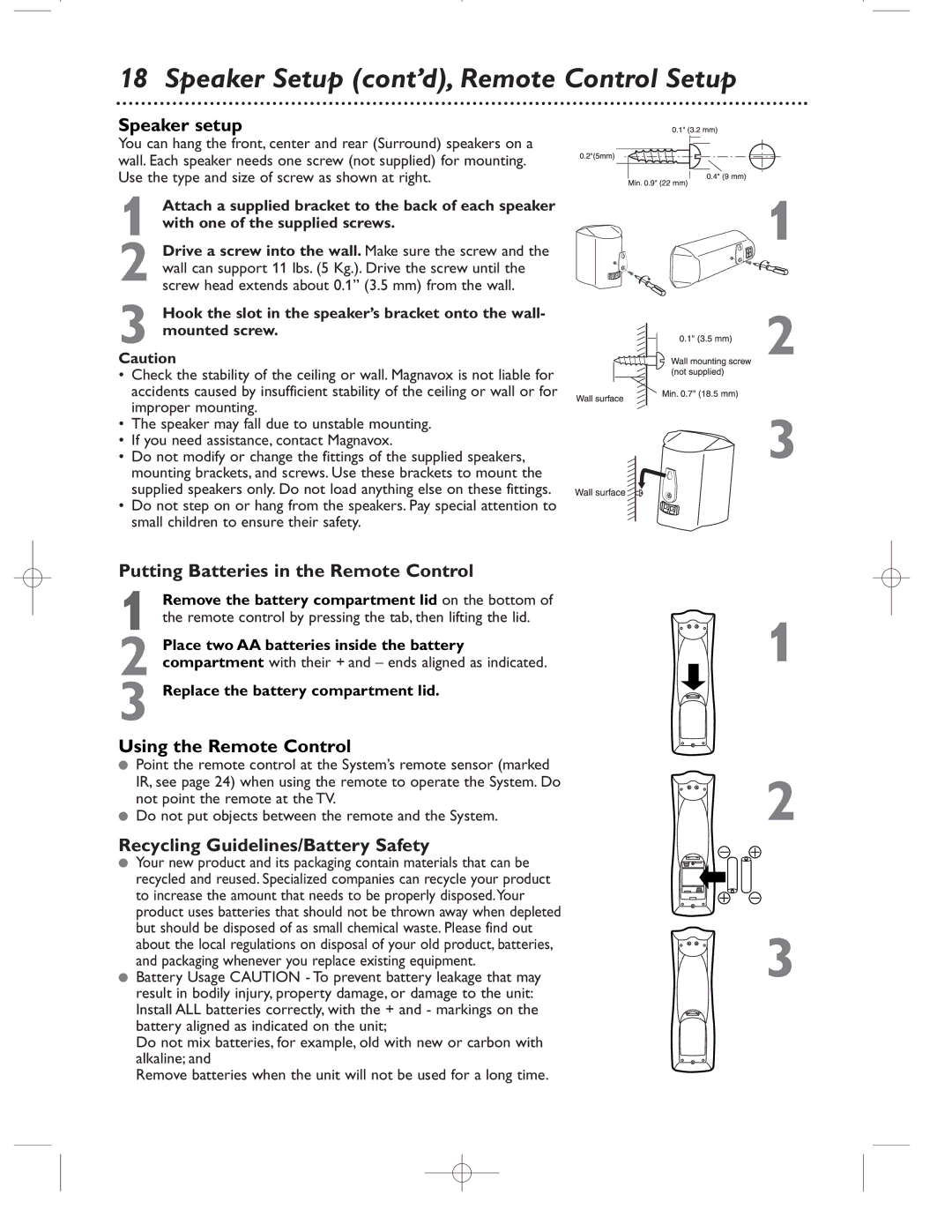 Magnavox MRD500VR owner manual Speaker setup, Putting Batteries in the Remote Control, Using the Remote Control 