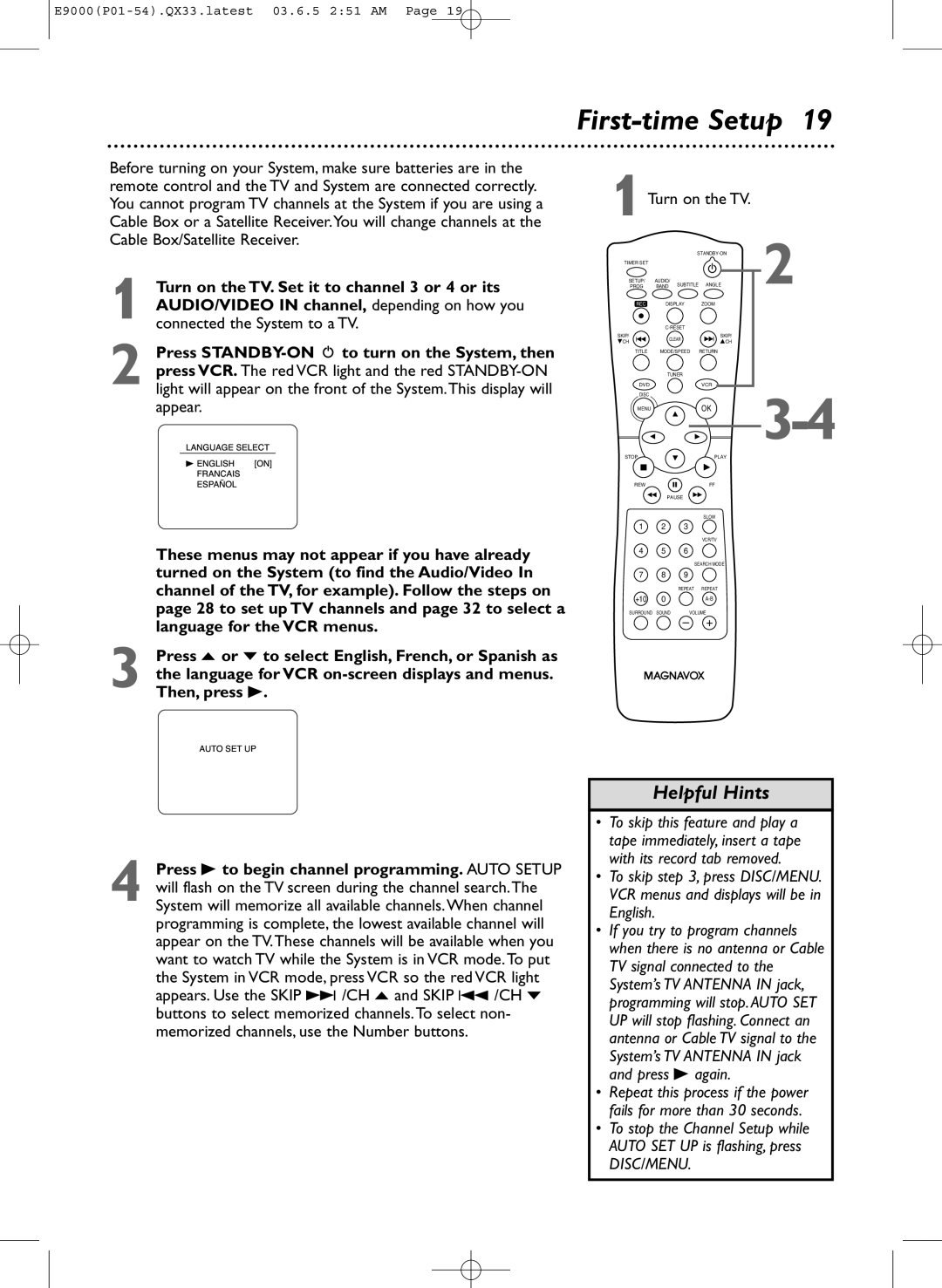 Magnavox MRD500VR owner manual First-time Setup, 1Turn on the TV 