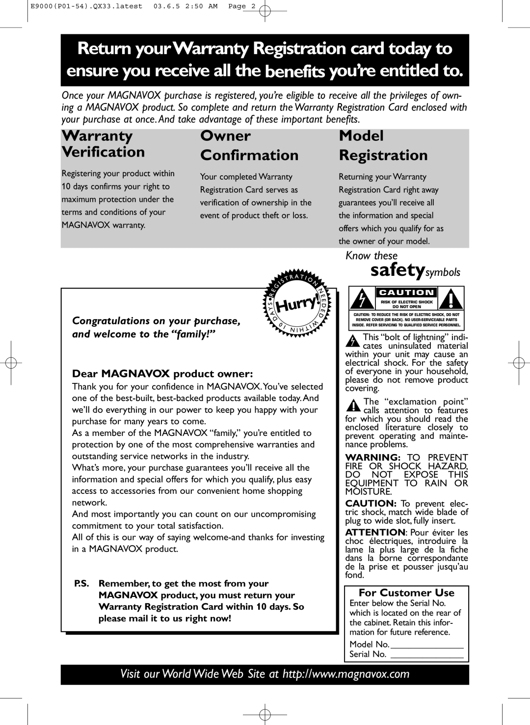 Magnavox MRD500VR owner manual Dear Magnavox product owner, For Customer Use, Model No Serial No 