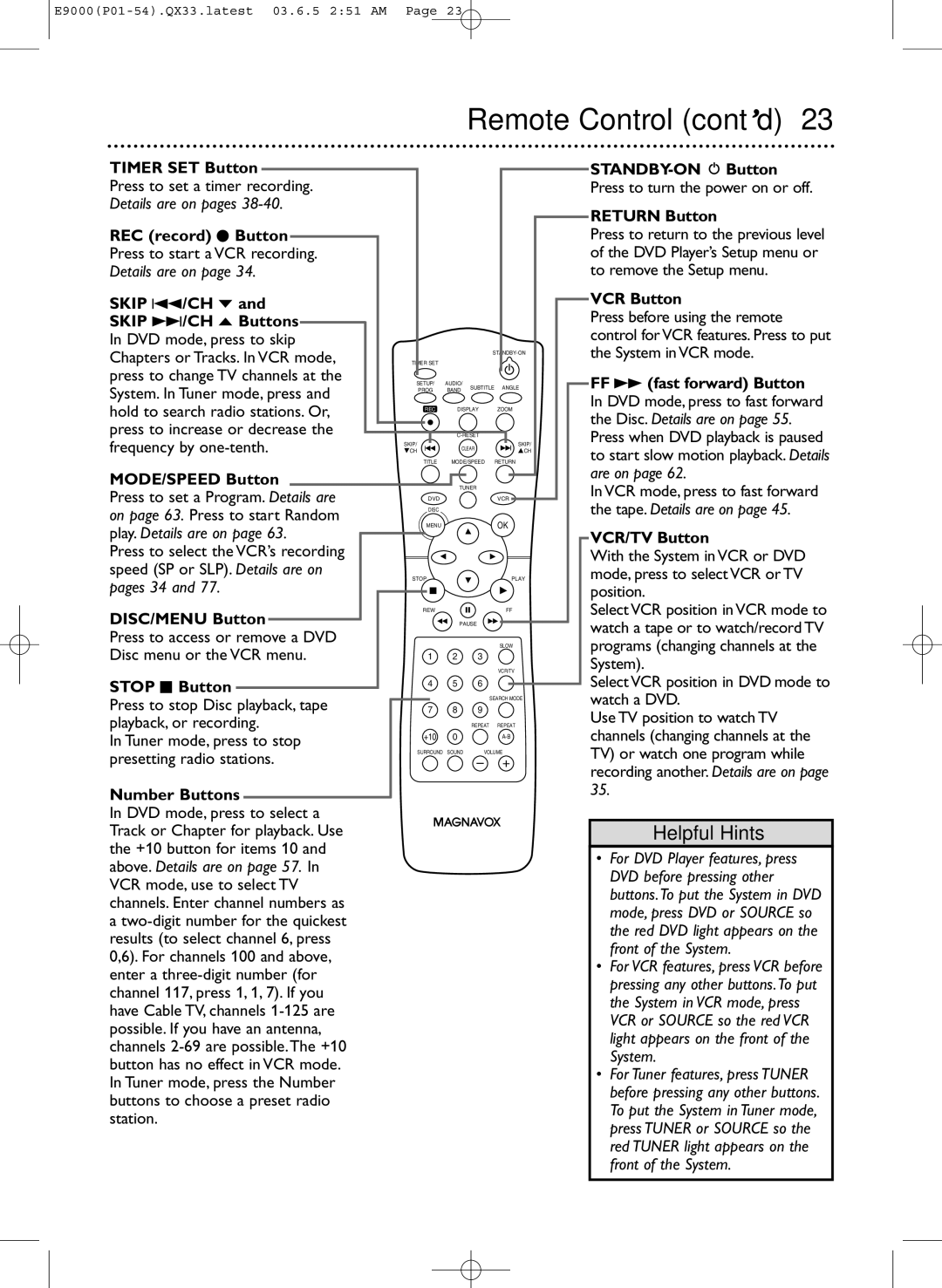 Magnavox MRD500VR owner manual Remote Control cont’d 