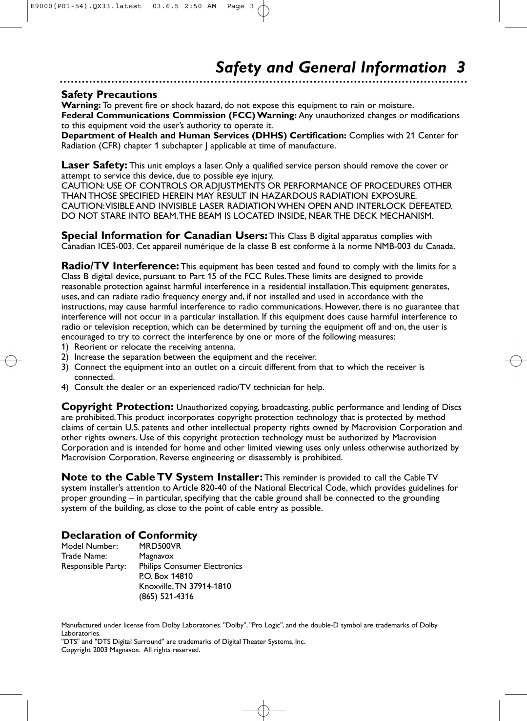 Magnavox MRD500VR owner manual Safety and General Information, Safety Precautions, Declaration of Conformity 