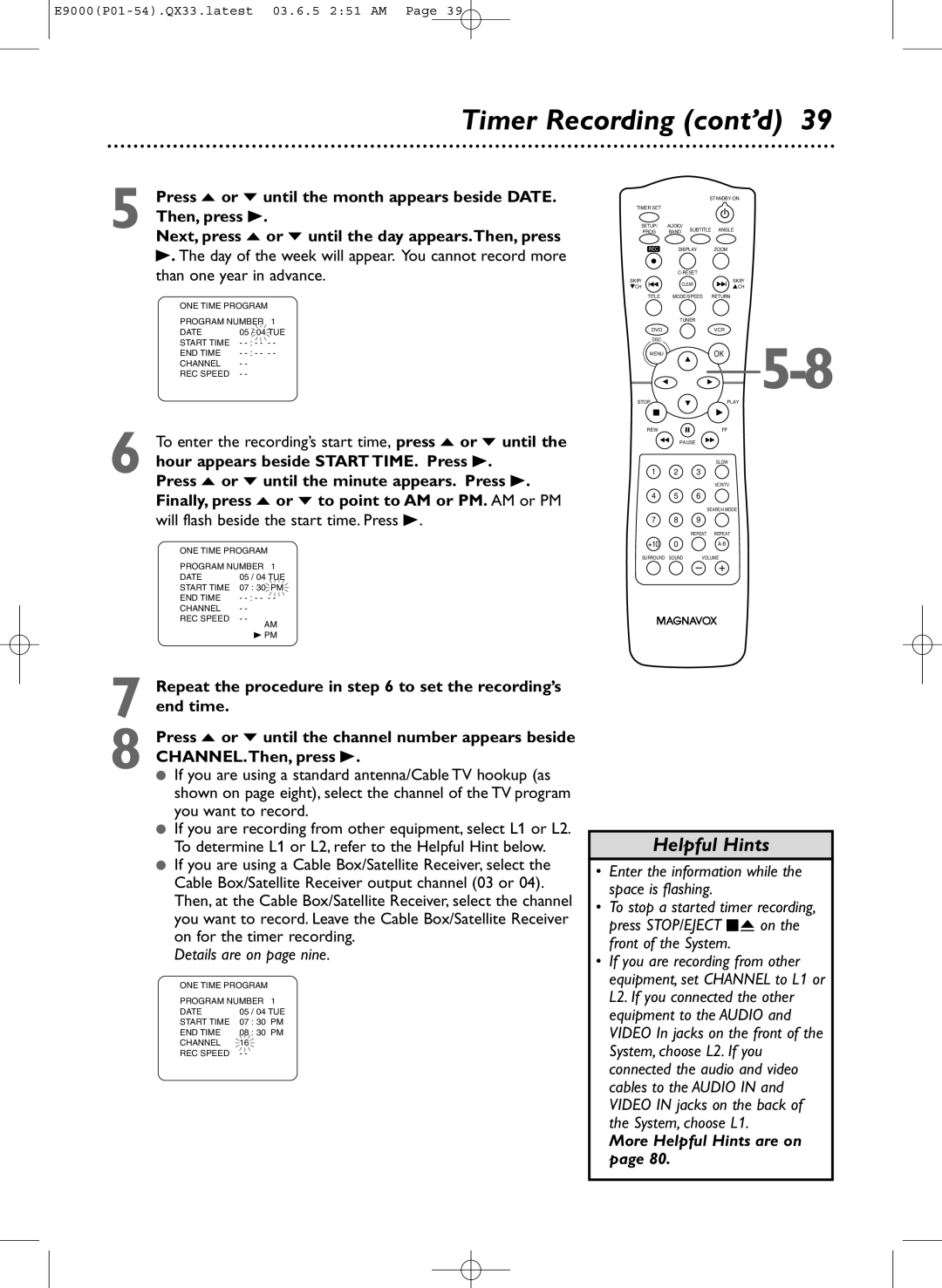 Magnavox MRD500VR Timer Recording cont’d, Press o or p until the month appears beside Date, Details are on page nine 