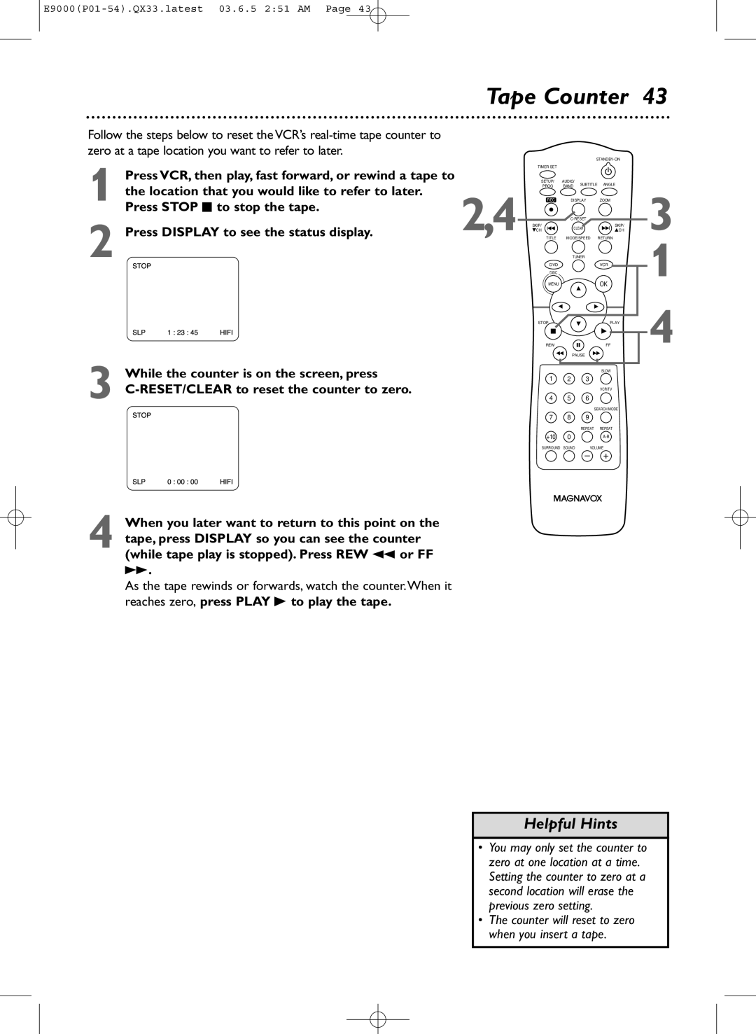 Magnavox MRD500VR owner manual Tape Counter 