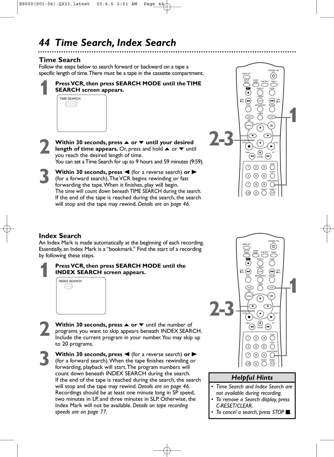 Magnavox MRD500VR owner manual Time Search, Index Search 