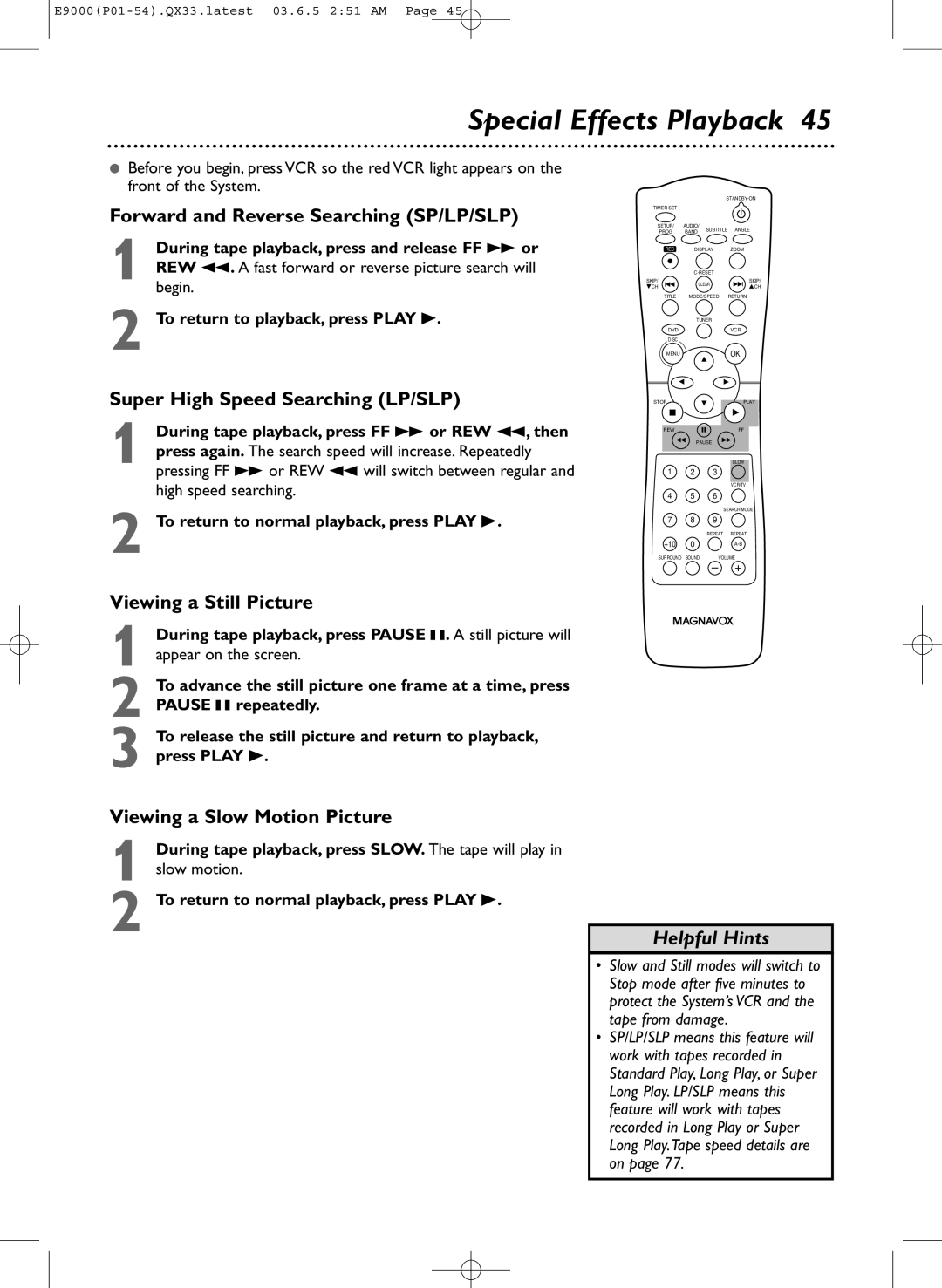 Magnavox MRD500VR Special Effects Playback, Forward and Reverse Searching SP/LP/SLP, Super High Speed Searching LP/SLP 