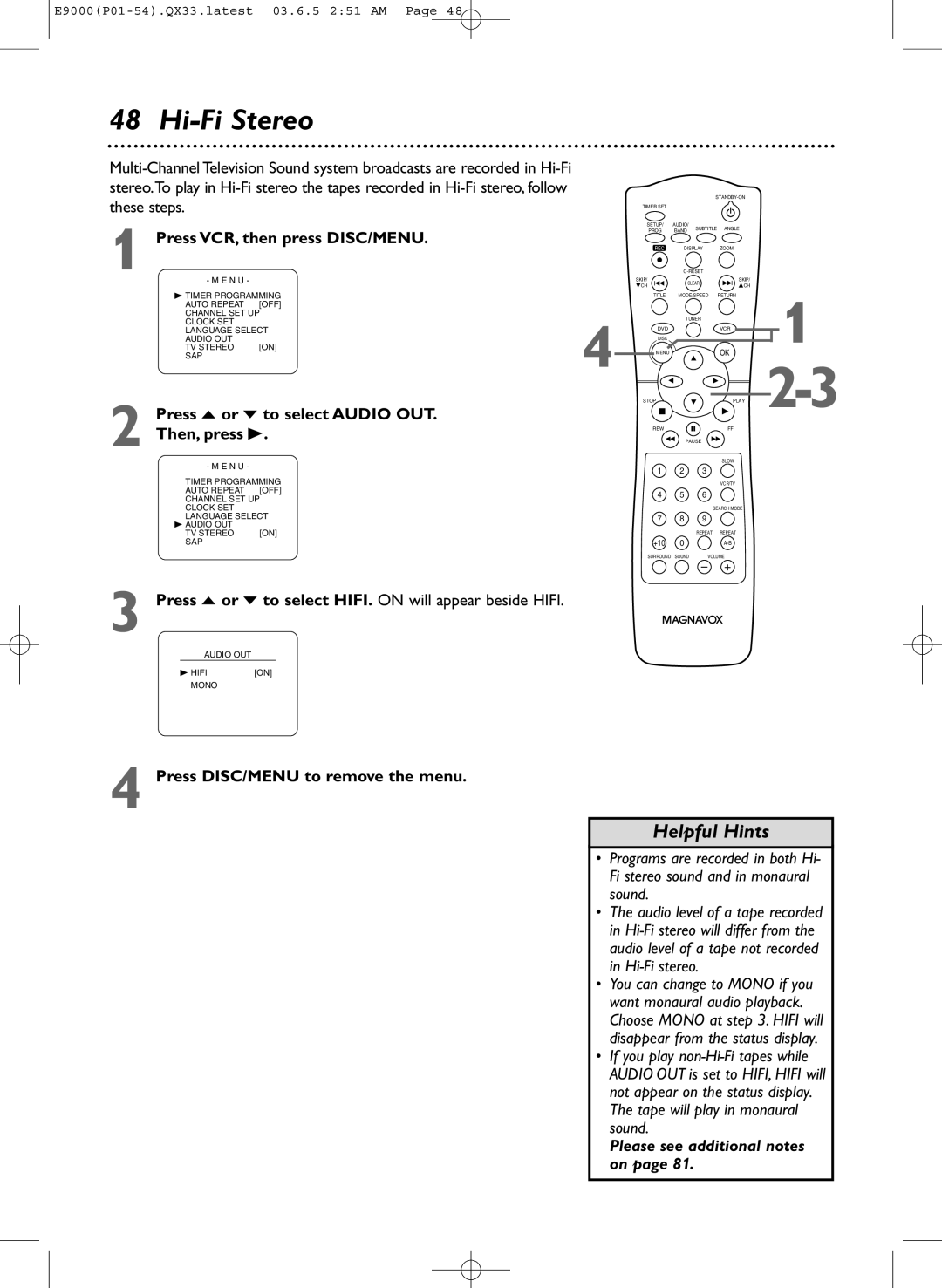 Magnavox MRD500VR owner manual Hi-Fi Stereo, Press o or p to select Audio OUT. Then, press B 