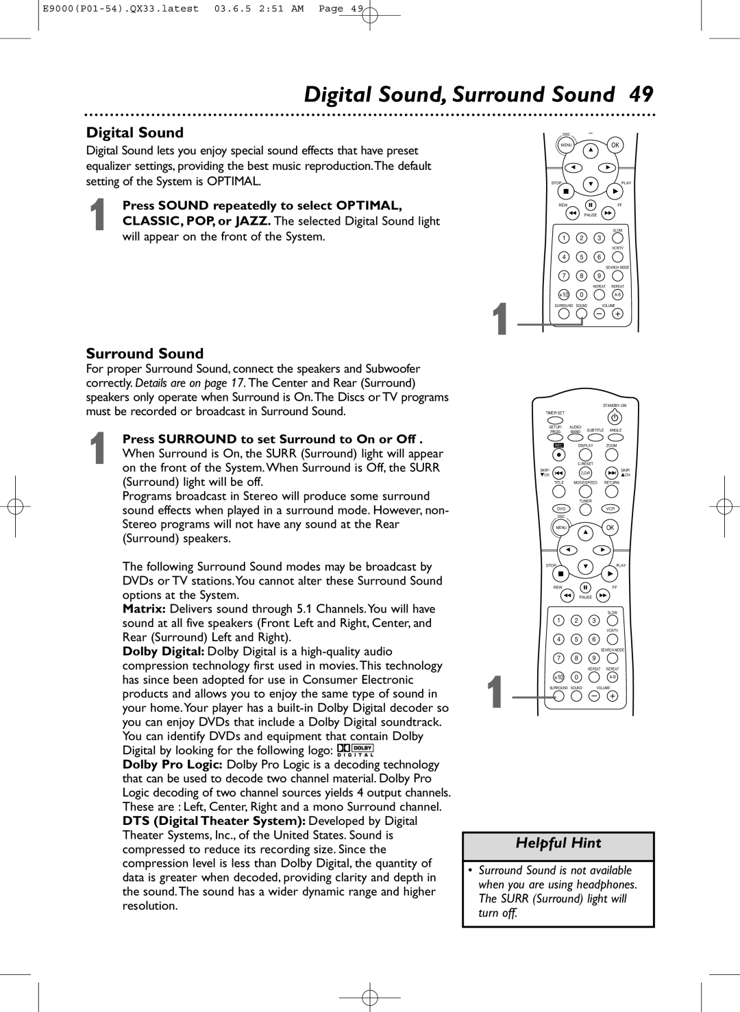 Magnavox MRD500VR owner manual Digital Sound, Surround Sound 