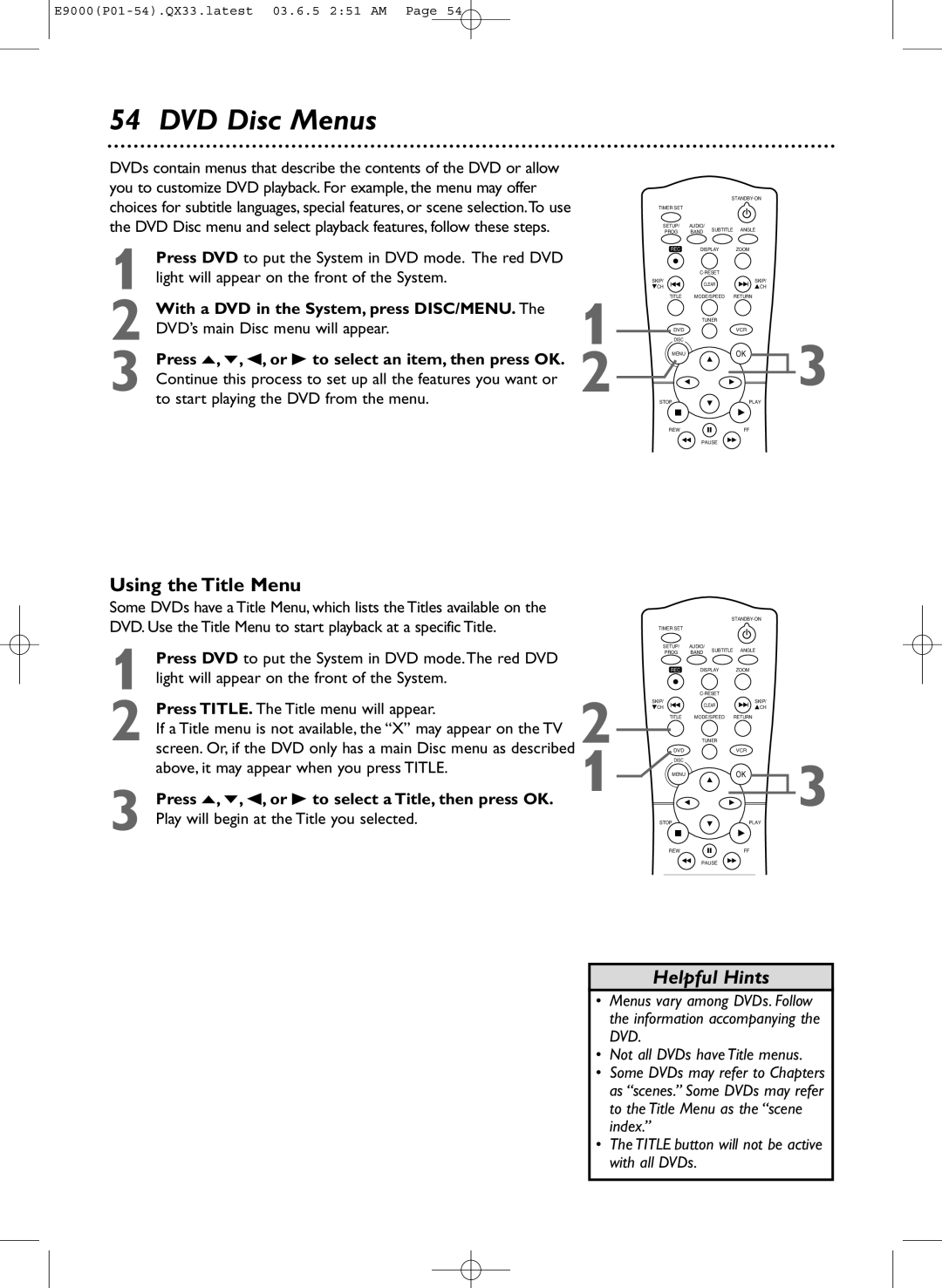 Magnavox MRD500VR owner manual DVD Disc Menus, Using the Title Menu, With a DVD in the System, press DISC/MENU 