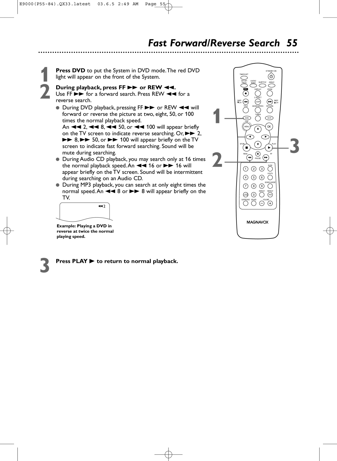 Magnavox MRD500VR owner manual Fast Forward/Reverse Search, During playback, press FF g or REW h 