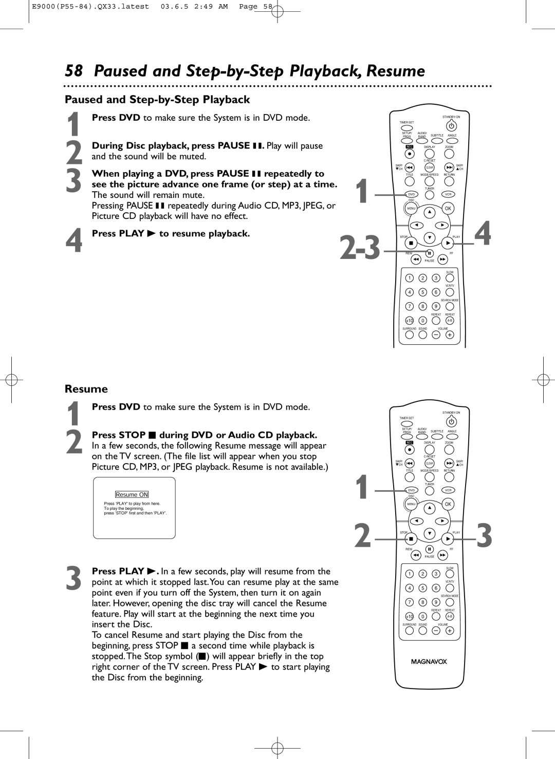 Magnavox MRD500VR owner manual Paused and Step-by-Step Playback, Resume 