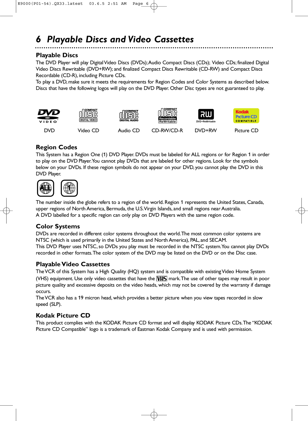 Magnavox MRD500VR owner manual Playable Discs and Video Cassettes 