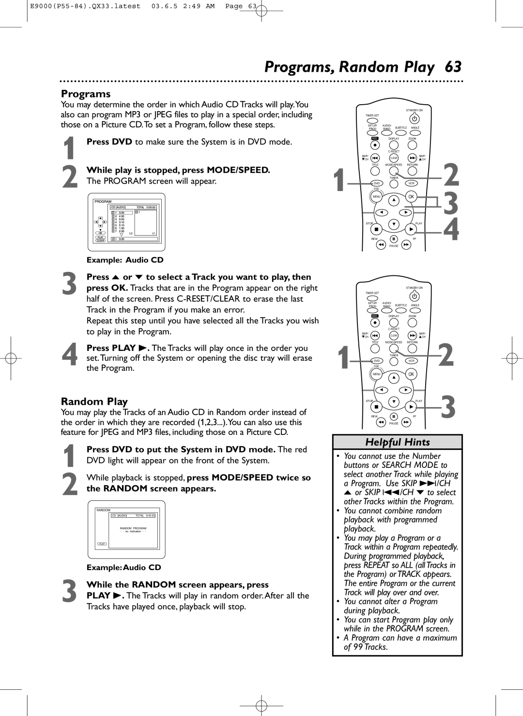 Magnavox MRD500VR Programs, Random Play, While play is stopped, press MODE/SPEED, While the Random screen appears, press 