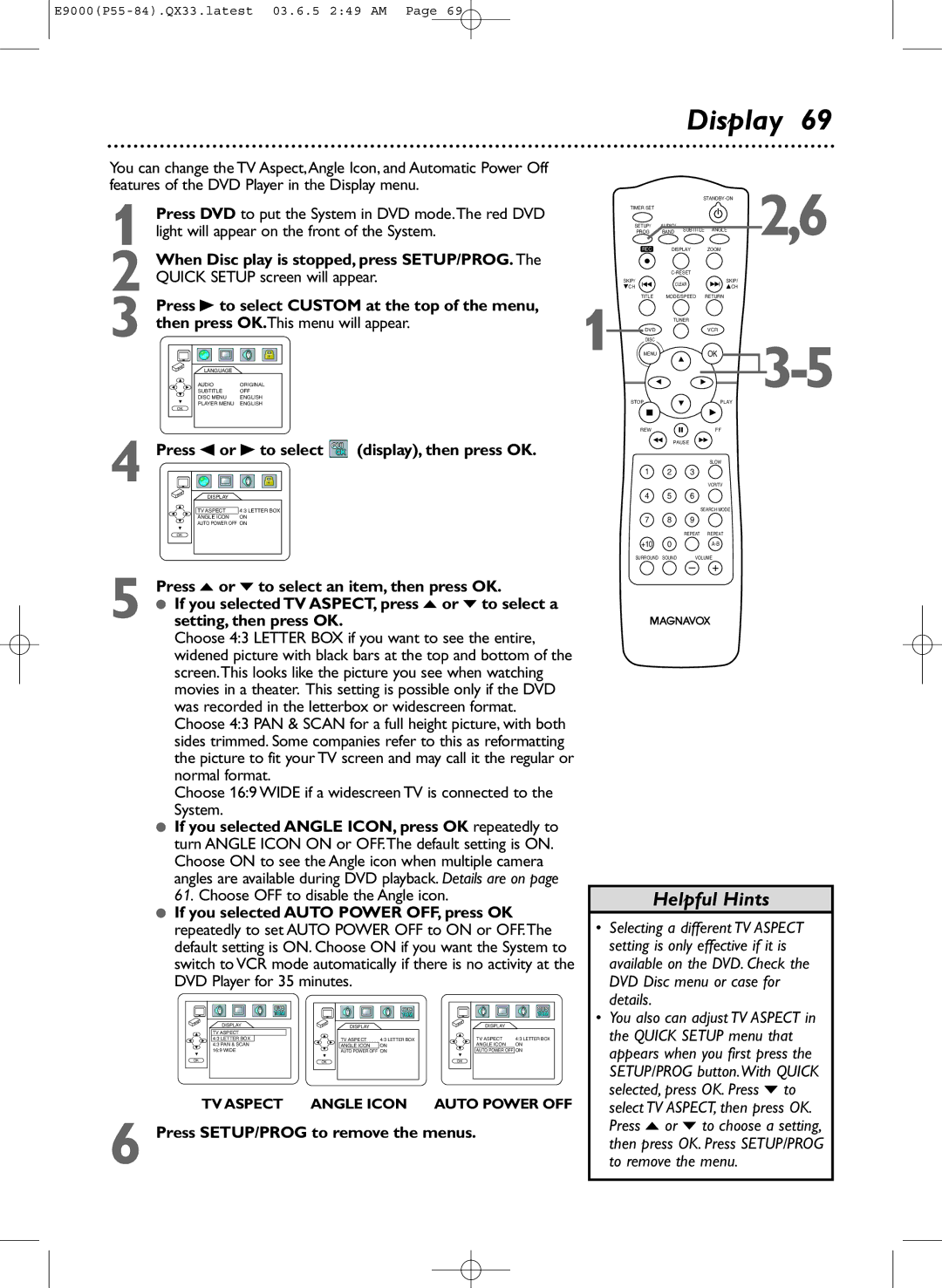 Magnavox MRD500VR owner manual When Disc play is stopped, press SETUP/PROG, Display, then press OK 