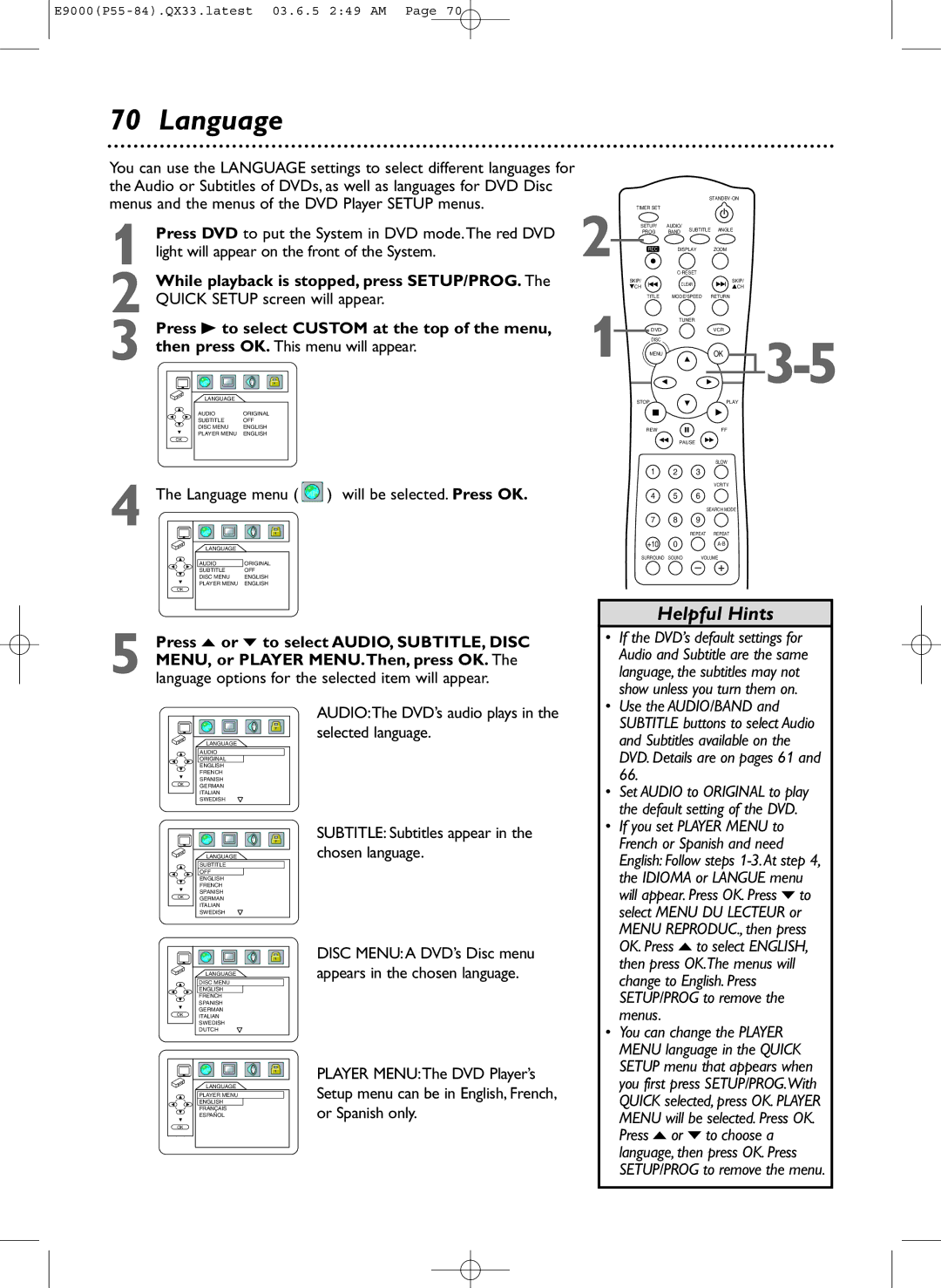 Magnavox MRD500VR owner manual Language, While playback is stopped, press SETUP/PROG 