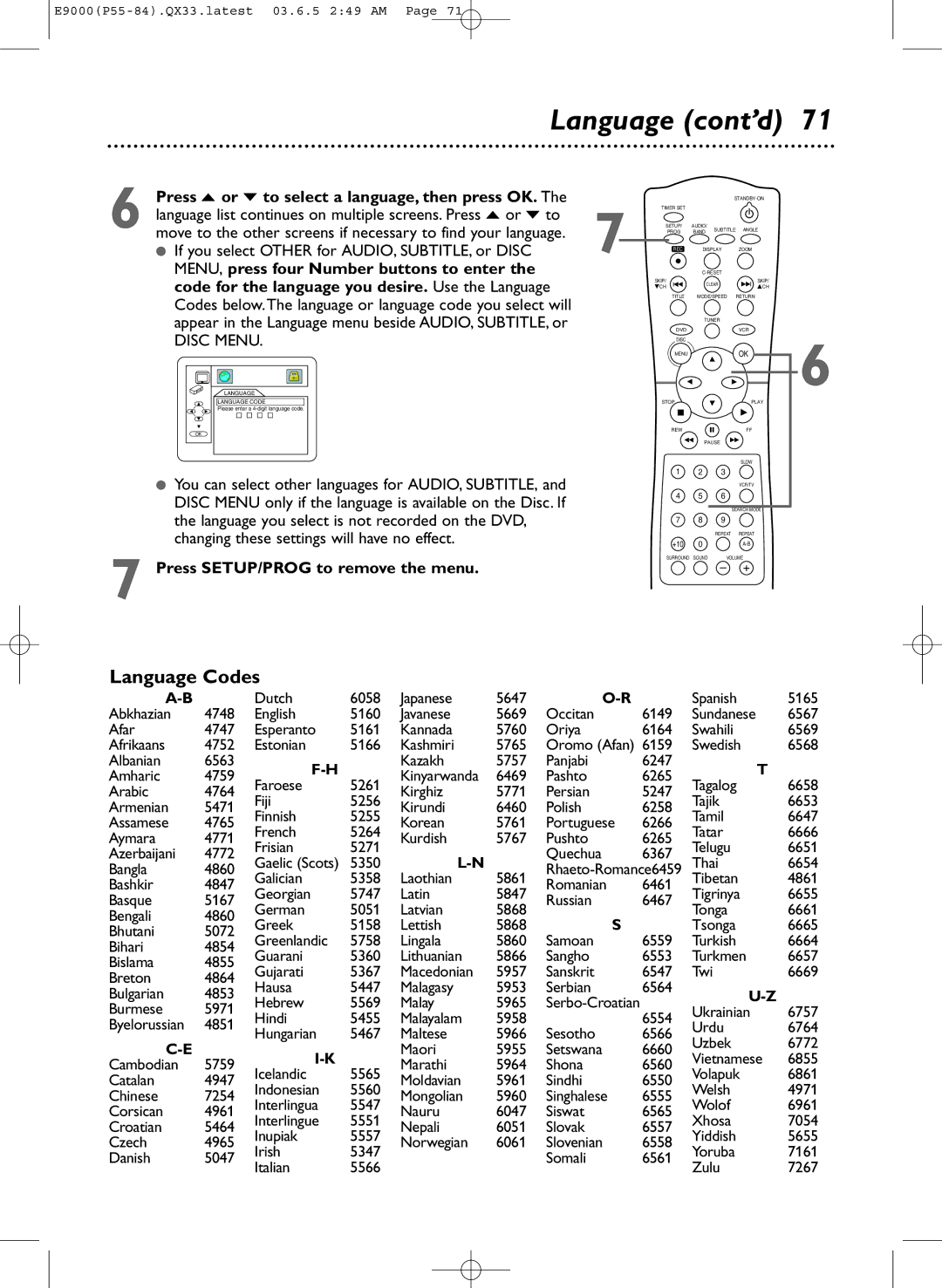 Magnavox MRD500VR owner manual Language cont’d, Language Codes, Press o or p to select a language, then press OK 