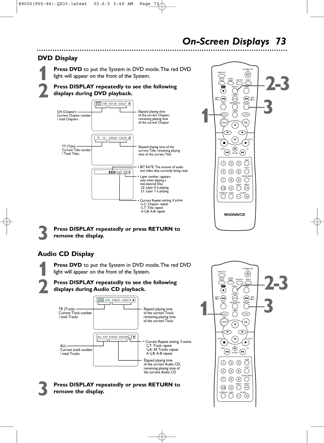 Magnavox MRD500VR owner manual On-Screen Displays, DVD Display, Audio CD Display 