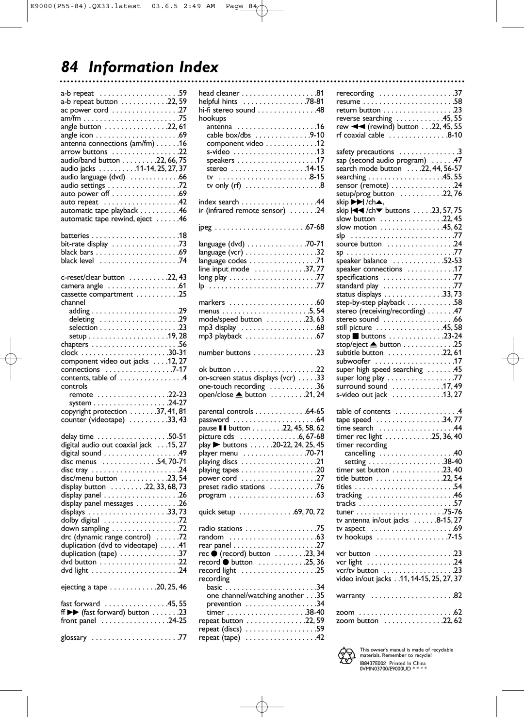 Magnavox MRD500VR owner manual Information Index, Controls 