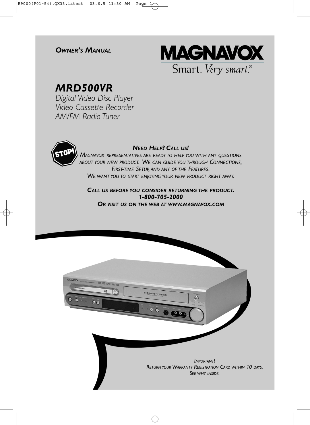 Magnavox MRD500VR owner manual Digital Video Disc Player Video Cassette Recorder AM/FM Radio Tuner, Owner’S Manual 