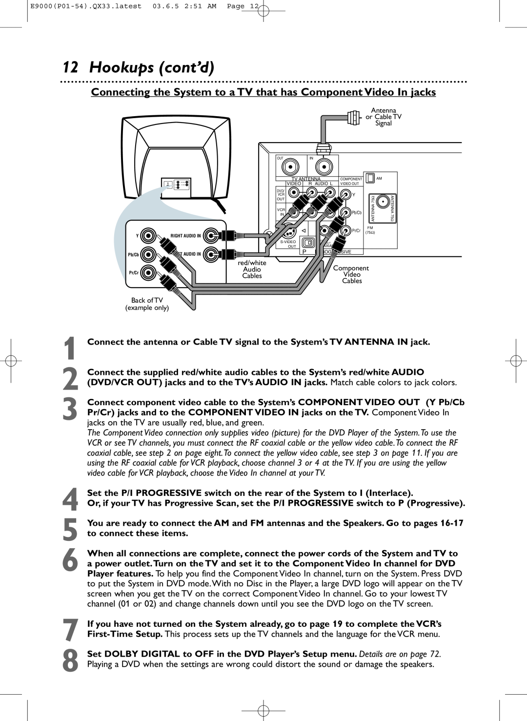 Magnavox MRD500VR owner manual Hookups cont’d, Connecting the System to a TV that has Component Video In jacks 