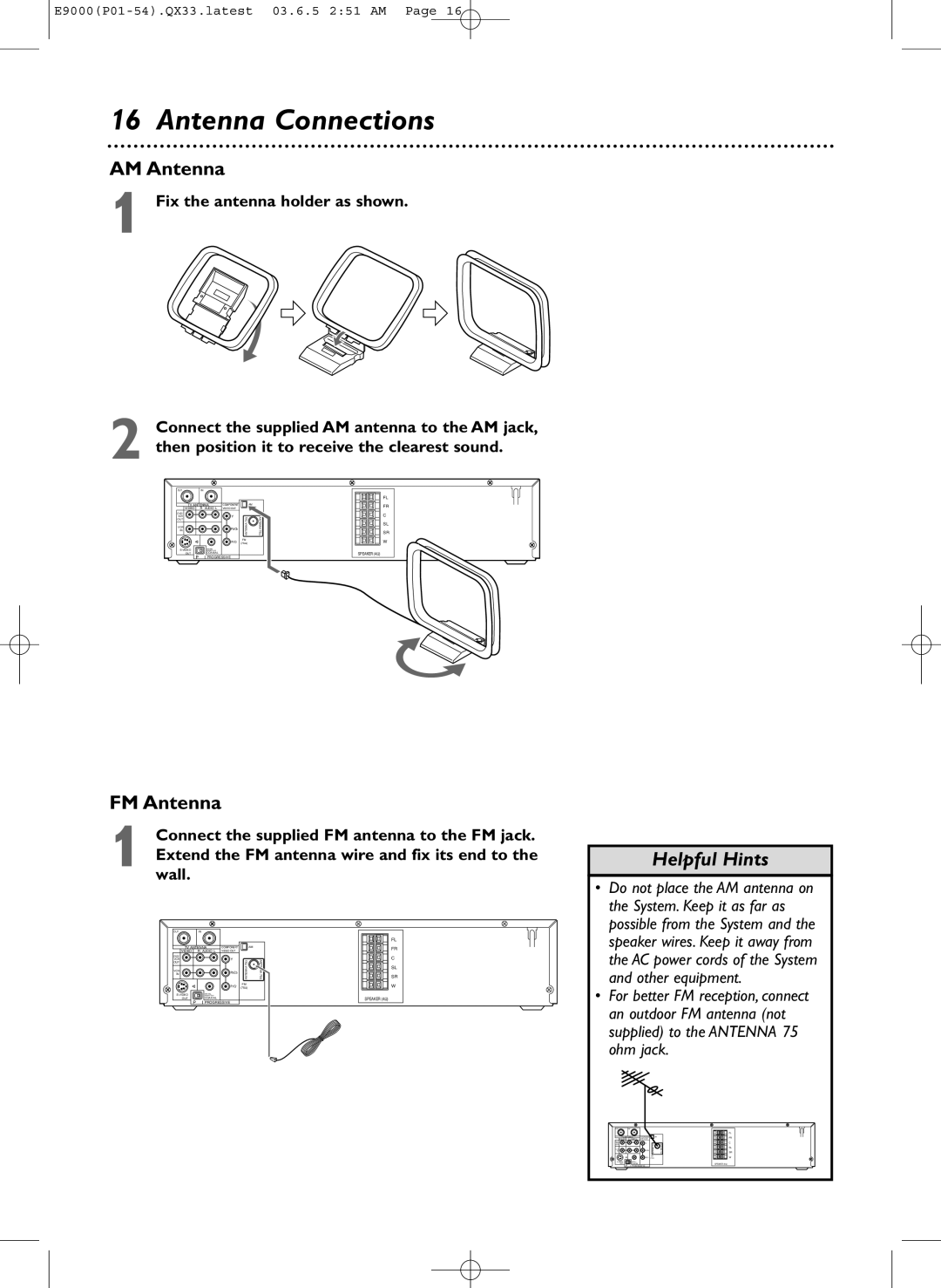 Magnavox MRD500VR owner manual Antenna Connections, AM Antenna, FM Antenna, Helpful Hints, Fix the antenna holder as shown 