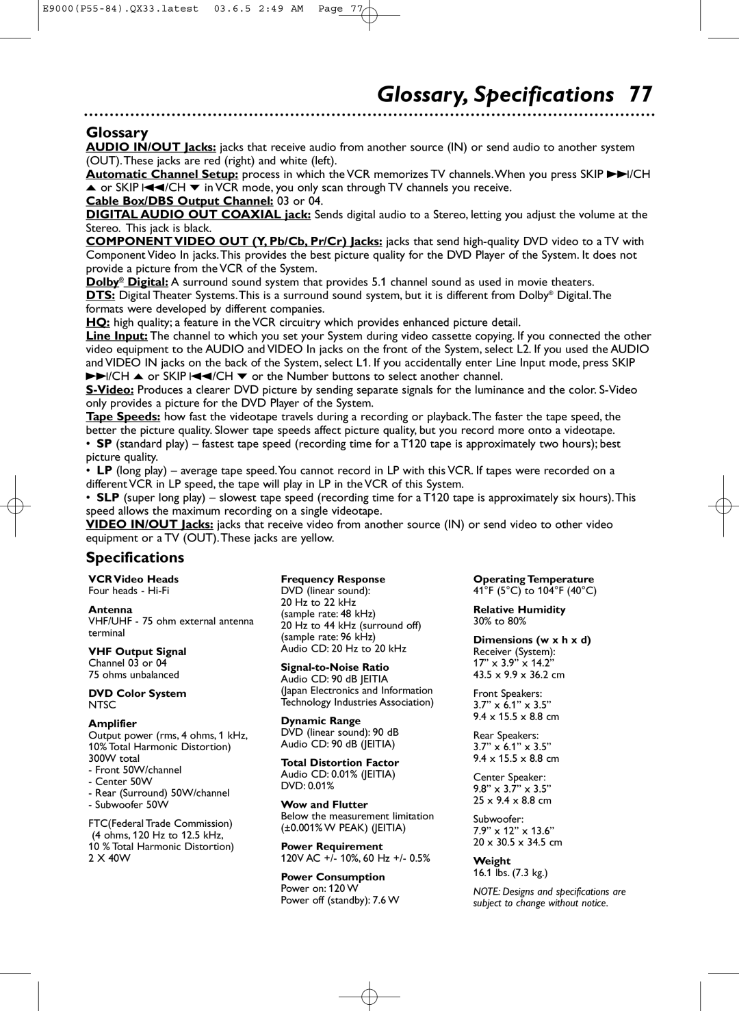 Magnavox MRD500VR owner manual Glossary, Specifications 