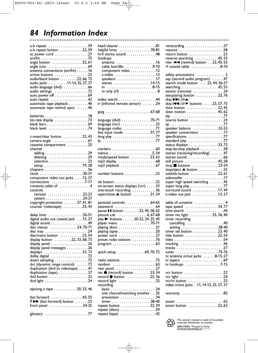 Magnavox MRD500VR owner manual Information Index 