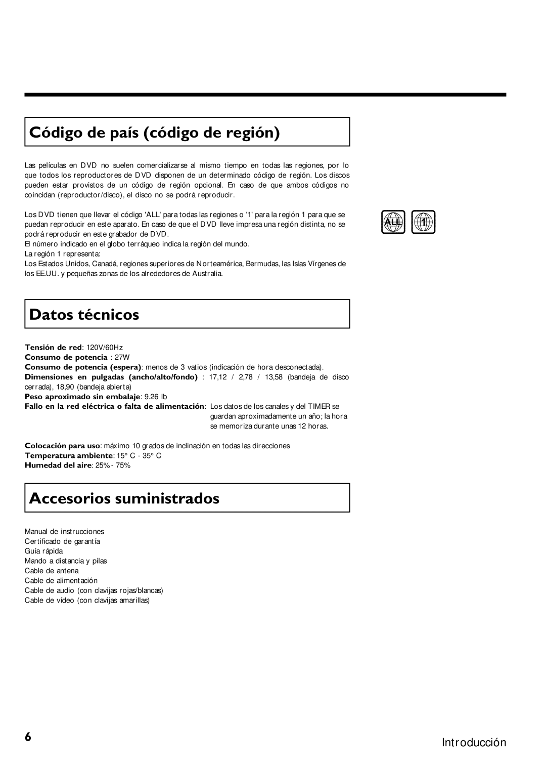 Magnavox MRV640 manual Código de país código de región, Datos técnicos, Accesorios suministrados 