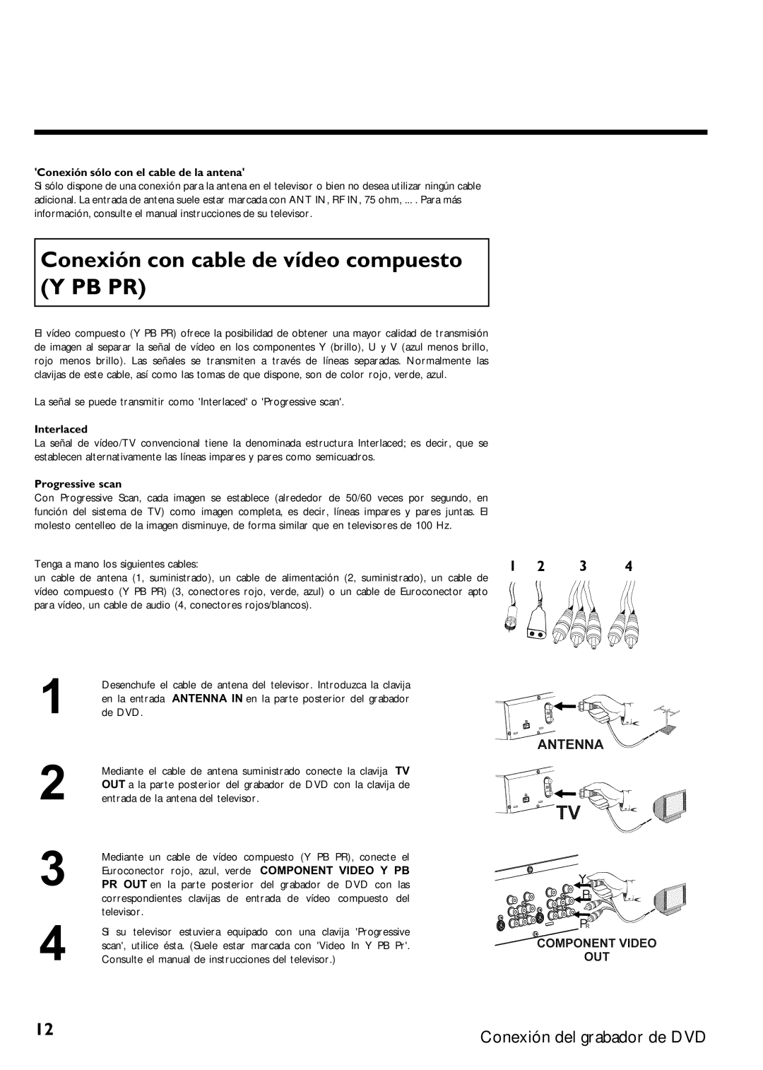 Magnavox MRV640 manual Conexión con cable de vídeo compuesto Y PB PR, Conexión sólo con el cable de la antena 