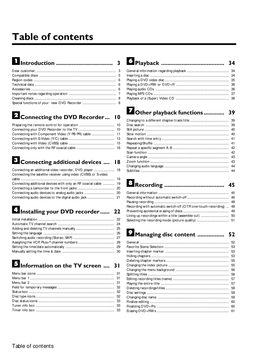 Magnavox MRV640 manual Table of contents 