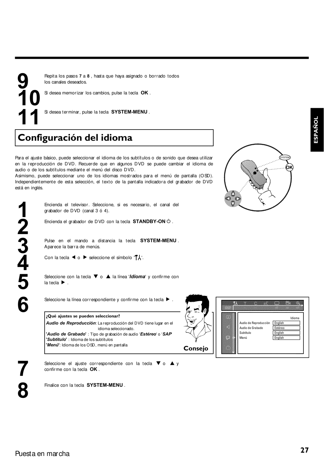 Magnavox MRV640 manual Configuración del idioma, Consejo, Ajustes se pueden seleccionar? 