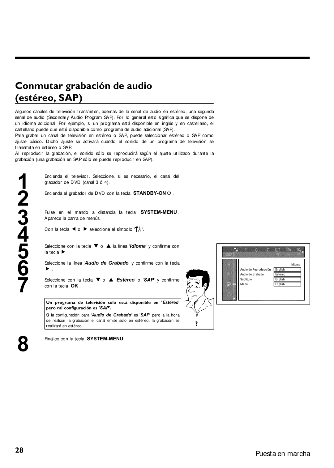 Magnavox MRV640 manual Conmutar grabación de audio estéreo, SAP, Finalice con la tecla 