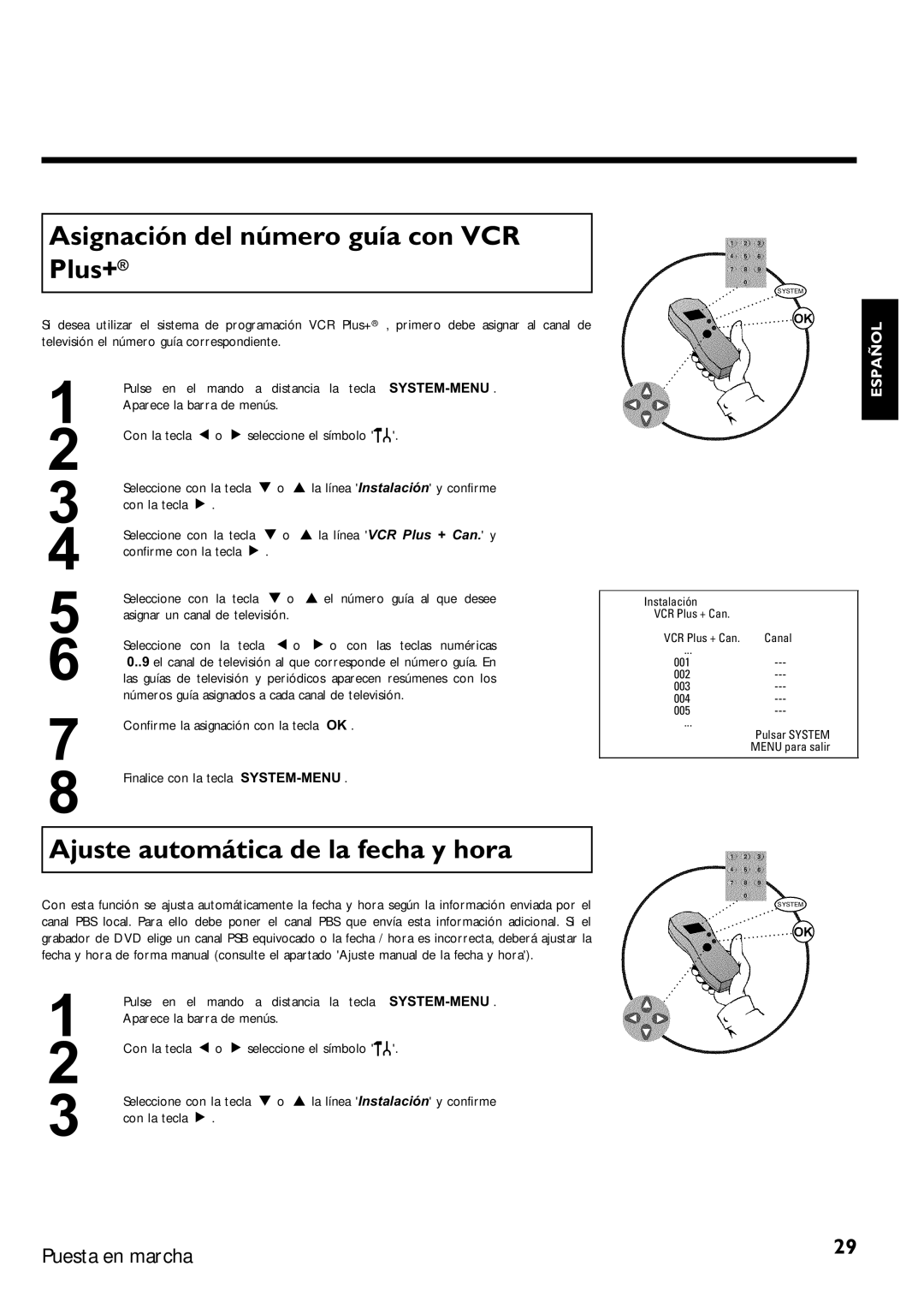 Magnavox MRV640 manual Asignación del número guía con VCR Plus+, Ajuste automática de la fecha y hora, Televisión y 