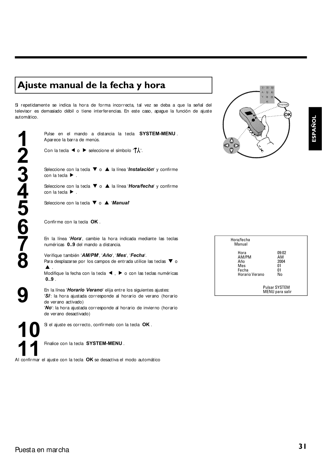 Magnavox MRV640 Ajuste manual de la fecha y hora 