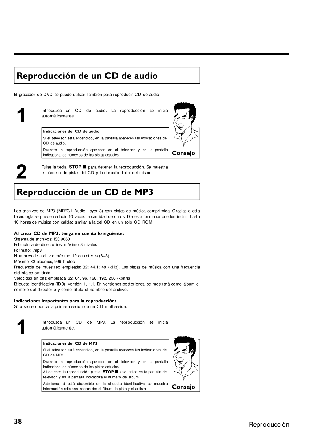 Magnavox MRV640 manual Reproducción de un CD de audio, Reproducción de un CD de MP3 