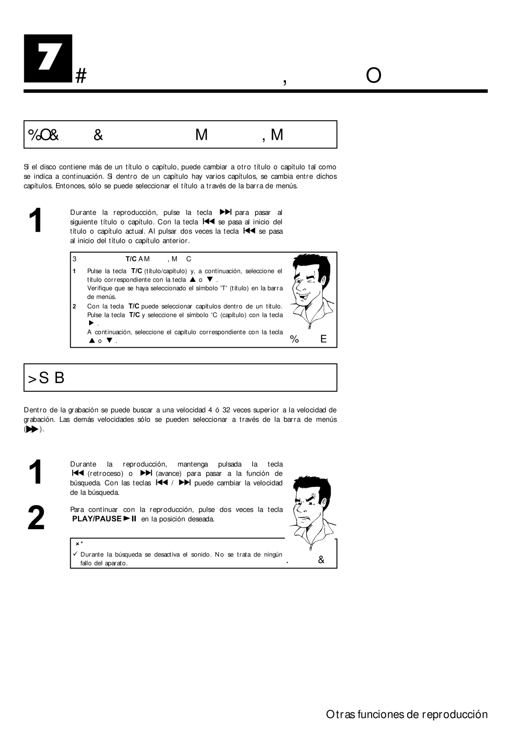 Magnavox MRV640 manual GOtras funciones de reproducción, Cómo cambiar a otro título o capítulo, Búsqueda en el disco 