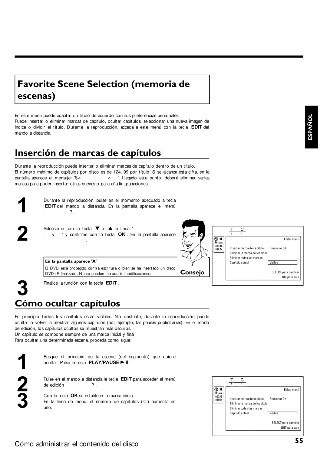 Magnavox MRV640 Favorite Scene Selection memoria de escenas, Inserción de marcas de capítulos, Cómo ocultar capítulos 