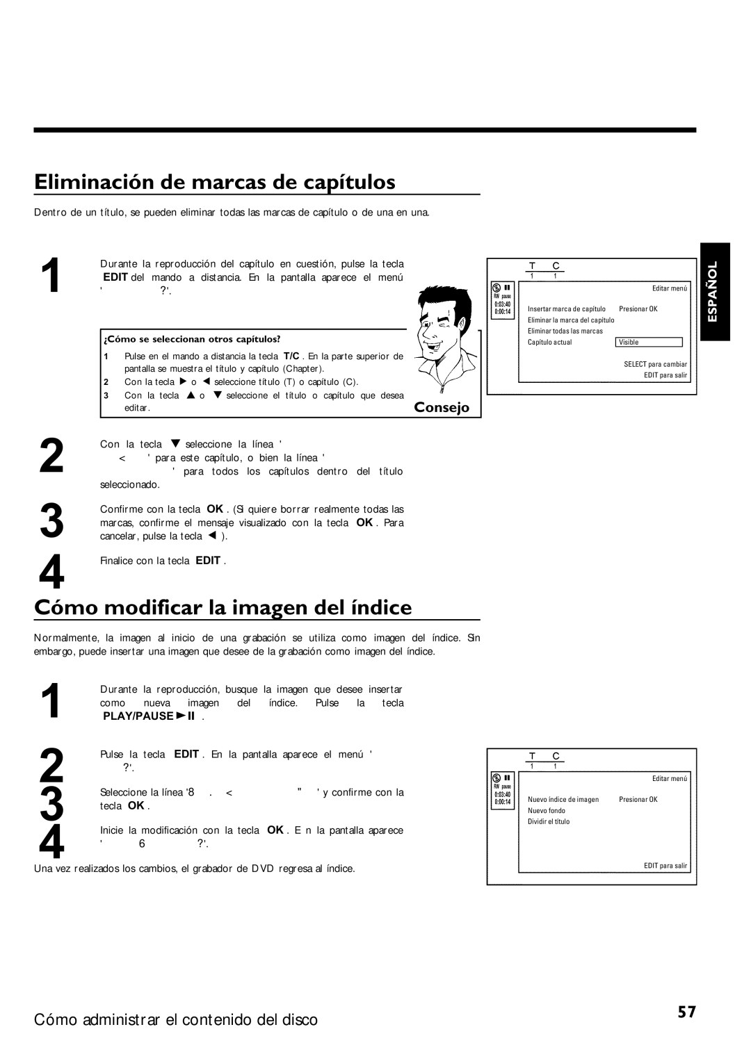 Magnavox MRV640 Eliminación de marcas de capítulos, Cómo modificar la imagen del índice, Se seleccionan otros capítulos? 