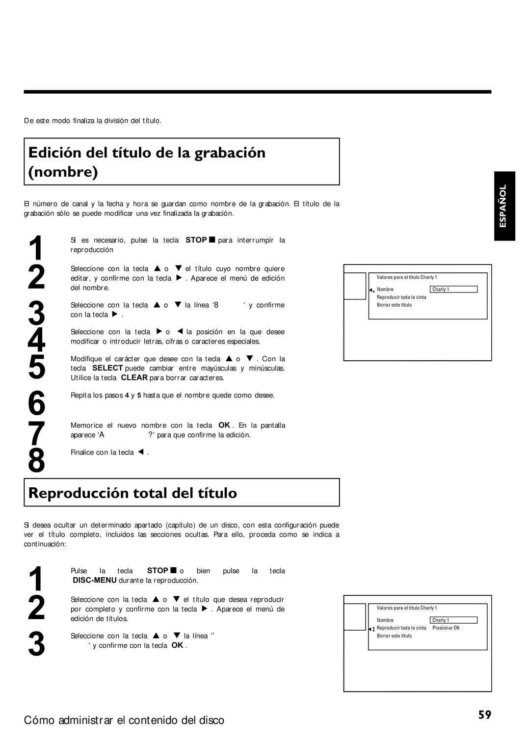 Magnavox MRV640 manual Edición del título de la grabación nombre, Reproducción total del título 