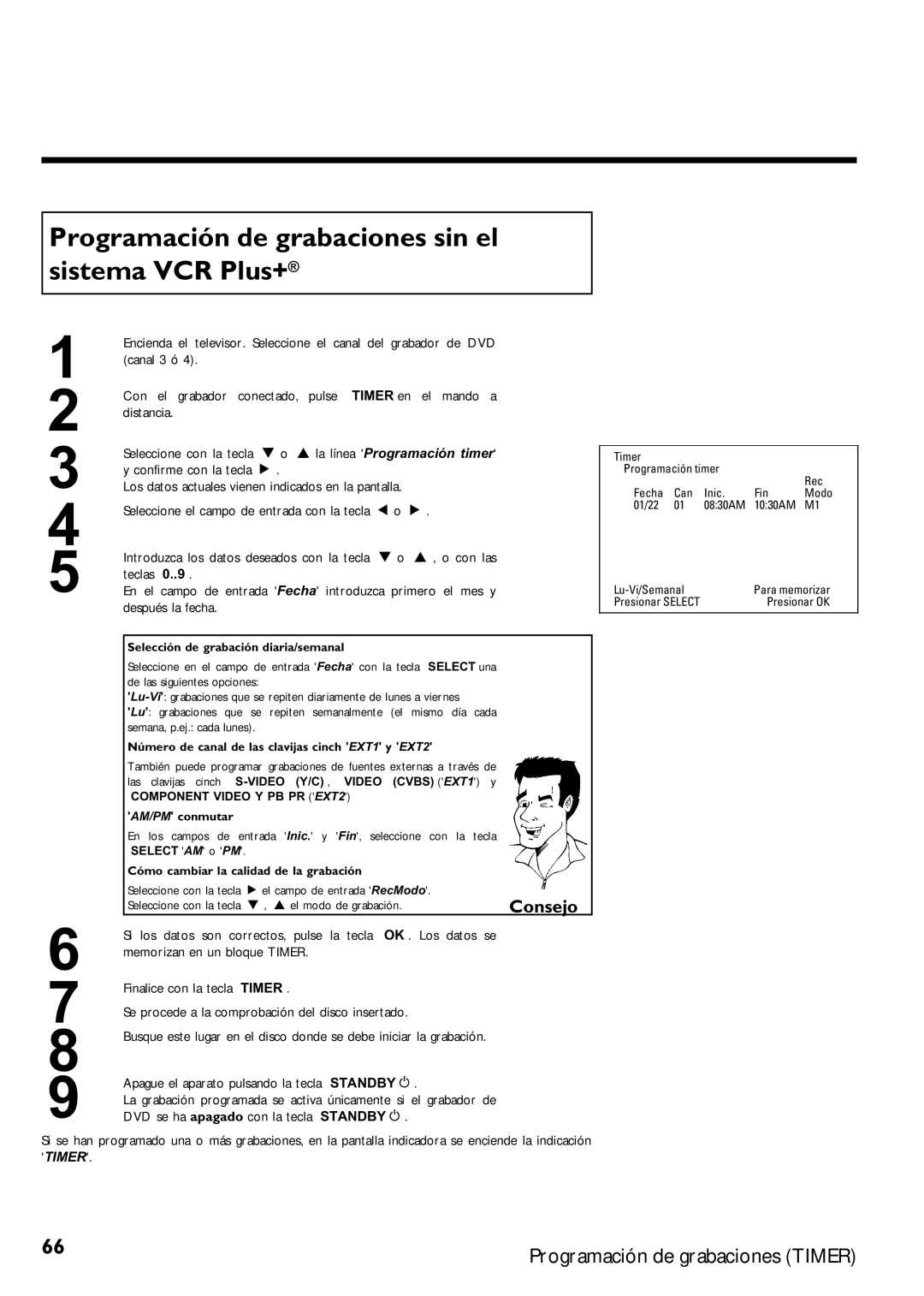 Magnavox MRV640 Programación de grabaciones sin el sistema VCR Plus+, Número de canal de las clavijas cinch EXT1 y EXT2 