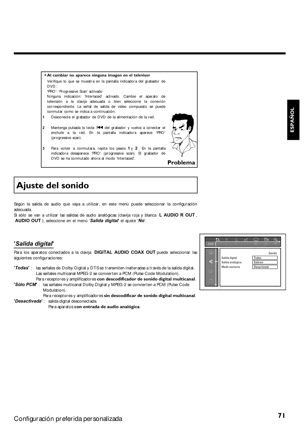 Magnavox MRV640 manual Ajuste del sonido, Modulation, AAl cambiar no aparece ninguna imagen en el televisor 